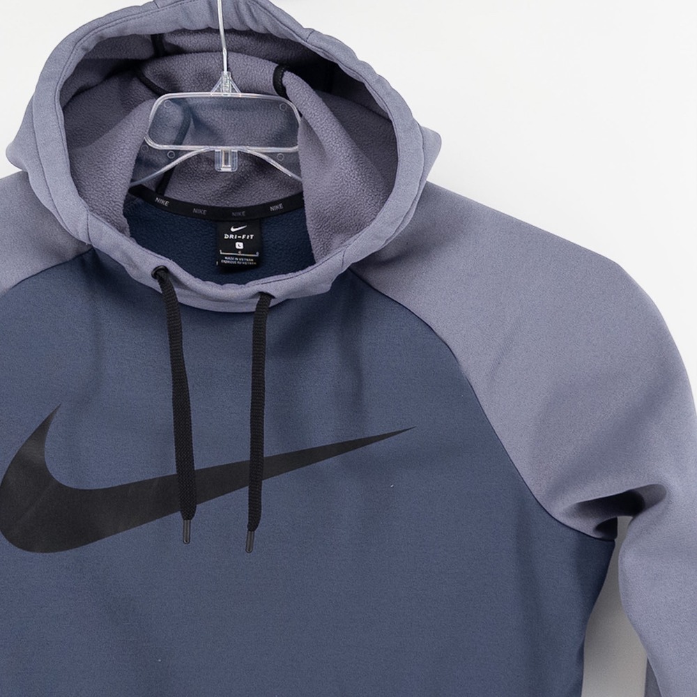 Nike Mens‎ L Hoodie Blue Grey Dri-FIT Pullover Center Swoosh Training 931991-471